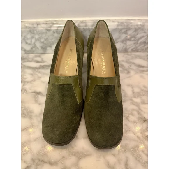 Bottega Veneta Olive Suede Block Heels Leather Trim Pumps Size 10